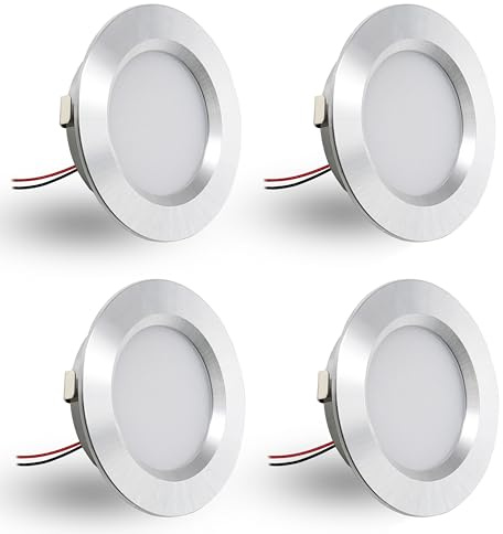 DYKUWEY Inbyggd LED-spotlight, dimbar 12 V LED-spotlight, 3 W extra platt infälld spotlight 14 mm, IP44 spotlight badrum hål 55 mm, takspotlights för husbil kök, set om 4 (silver varm vit 3 000 k)