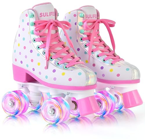SULIFEEL Roller Skates for Girls and Women with Light up Wheels and Polka Dot Pattern, Kids and Adult Roller Sktes for Outdoor and Indoor Use