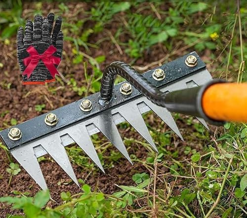 RâTeau De Jardin Desherbage,Rateau De DéSherbage avec Manche,Iron Rake 2.0,Outil De Desherbage,5/6/7/8 Teeth Carbon Steel Garden Weeding for Gardening (6 Teeth)