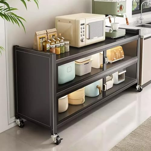 Modern Kitchen Pantry Storage Cabinet with Wheels, Farmhouse Hutch with Microwave Stand, Sideboard with Glass Door for Kitchen, Dining Room, Living Room