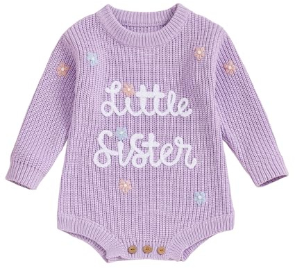 XIXIMAON Baby Girl Sweater Little Sister Flower Embroidery Long Sleeve Crew Neck Knitted Rompers Newborn Autumn Winter Bodysuits Girls Jumpsuit 0-12M (Purple, 9-12 Months)