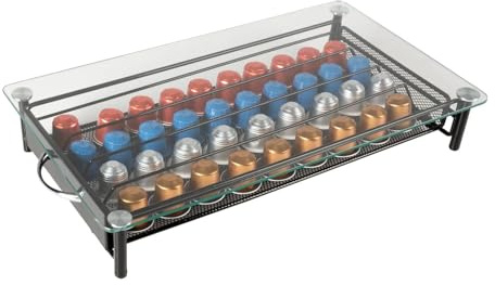Wintem – Porta Capsule in Metallo e Vetro da 40 Capsule, Design Elegante per Casa e Ufficio, Facile Accesso Tramite Cassetto Scorrevole, Struttura Robusta e Compatta