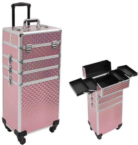 Maletín de maquillaje 4 en 1, carrito de cosméticos con ruedas y cajón, 35 × 25 × 100 cm, maletín de maquillaje con cerradura, maletín de aluminio grande para viajes, peluquerías, maquilladores, Rosa
