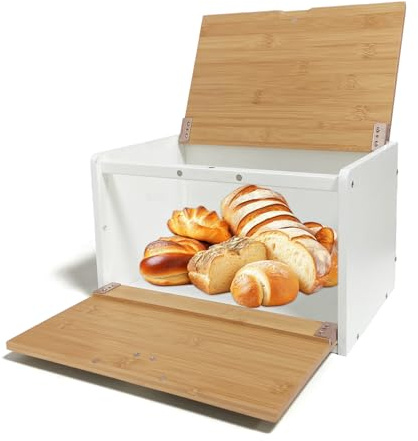 MinBoo Bread Box - Bamboo Bread Box for Kitchen Countertop, Large Capacity Kitchen Countertop Organizer Storage Bread Container Keep Fresh 14.1x9x8.3 (Need Assembly) (white&Bamboo)