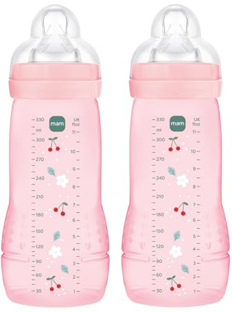 MAM Pack 2 Biberones, a partir de 6 Meses, 330ml, con Tetina X Especial Líquidos Espesos de Silicona de Fácil Aceptación, Fácil de Sostener, Fácil de Limpiar, MAM Easy Active, Rosa, Pack de 2uds
