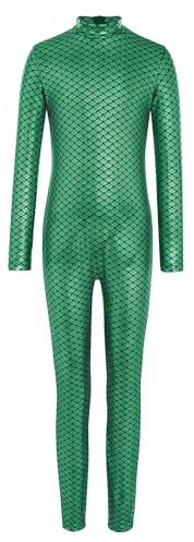 FEESHOW Kids Girls Metallic Fish Scale Unitard Dance Bodysuit Long Sleeve Gymnastics Leotard Figure Ice Skating Jumpsuit Green 9-10 Years