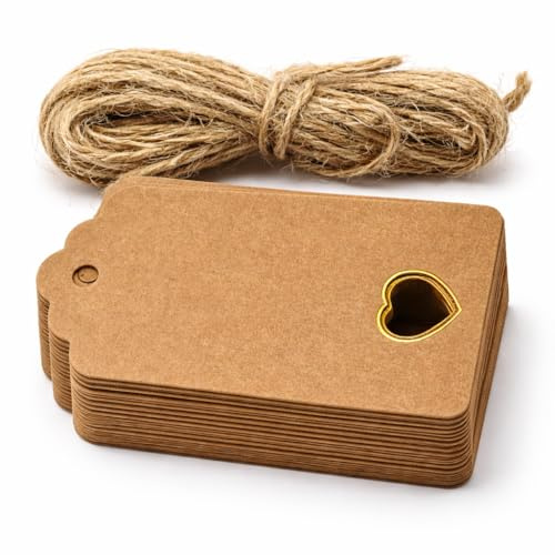 Brown Gift Tags for Presents with String Gold Foil Heart Kraft 30 Pack | Easter, Christmas, Birthday, Wedding Favour, Blank Labels, Thank You