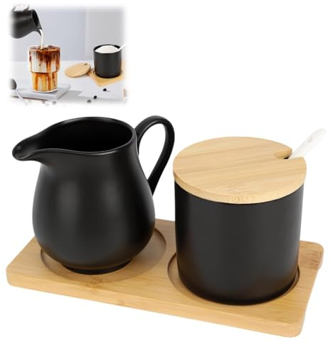 HXXWEUS Mjölk och sockerset, mjölkkanna i keramik och sockerskål med lock och sked, svart mjölkkanna i porslin och sockerskål med lock och sked, för kök och kaffebar