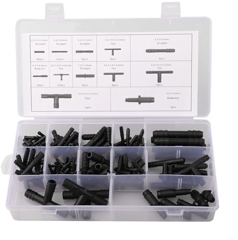Juego surtido de 113 conectores de manguera automotriz, accesorios de reparación de línea con reductor, adaptadores rectos en T para sistema de refrigerante, caja de almacenamiento de plástico negro