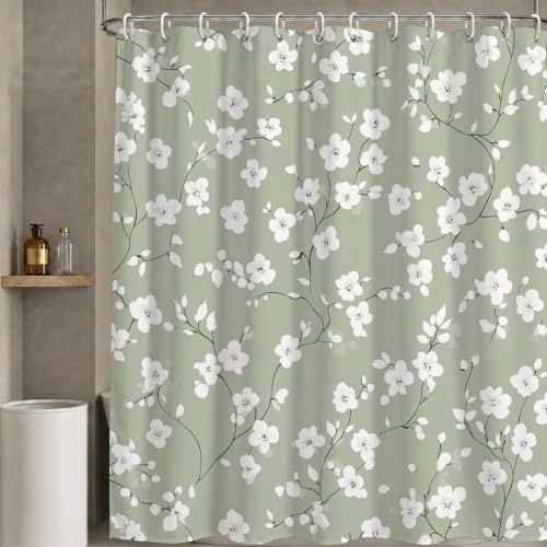 Duschdraperi 180 x 180 cm blommor, duschdraperier tvättbar textil polyestertyg med 12 öljetter och duschdraperiringar för badkar gardin, vattentätt duschdraperi med vikt nedtill (bilaga) W-P441