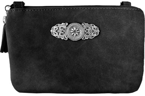 Trachtenland Damen Trachten Handtasche Sofia – Dirndl Umhängetasche aus Lederimitat mit Applikation & Troddel in Pastellfarben oder Schwarz (Schwarz, ca. 18 x 12 x 8 cm)