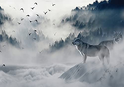 WallArena Fototapete Wolf Tiere Vögel Landschaft Wald im Nebel Modern Wohnzimmer Schlafzimmer Wandtapete Vlies Tapete UV-Beständig Geruchsfrei Montagefertig (12395, V8 (368x254 cm) 4 Bahnen)