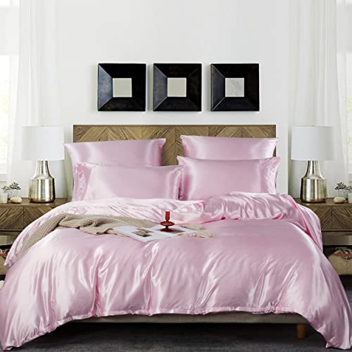 Damier Bettwäsche 135x200cm Rosa Satin Bettbezug Set Glatt Glänzend Hochwertiges Satin Deluxe Deckenbezug mit Reißverschluss und Kissenbezug 80 × 80 cm