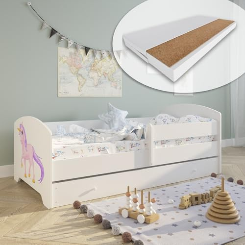 Kids Collective Kinderbett 70x140 / 80x160 Komplett Set inkl. Matratze, Lattenrost, Schublade & Rausfallschutz | Einzelbett für Kinder von 2 – 10 Jahren | 80x160 cm | weiß mit Einhorn Motiv