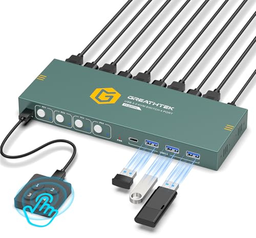 USB3.0 KVM Switch HDMI 4K@60Hz for 4 Computers Share 1 Monitor, KVM Switch 4 Port with 3 USB 3.0 Ports Share Keyboard Mouse, Support Button Switch, Plug and Play