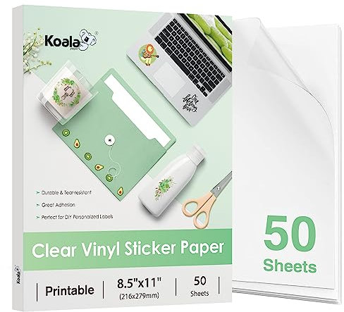 KOALA PAPER Klart klistermärke för bläckstråleskrivare – vattentätt genomskinligt utskrivbart vinylklistermärke – 20 x 28 cm 50 ark transparent glansigt klistermärke för gör-det-själv personliga