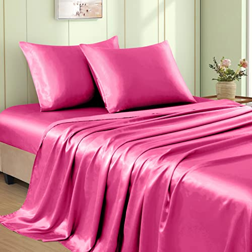 VACVELT 3 st heta rosa satinlakan dubbelsäng set, 15 tums djup ficka silkeslent satinlakanset, mjukt satinbäddset kylning och lyxiga lakan, 1 dra-på-lakan + 1 lakan + 1 örngott