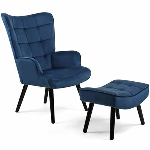 IDMarket - Fauteuil scandinave ANIA avec Repose Pieds Velours Bleu