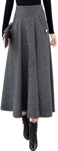 chouyatou Women's Elegant Houndstooth Plaid A Line Pleated Swing Midi Long Wool Skirt with Pockets (Small, Gray)