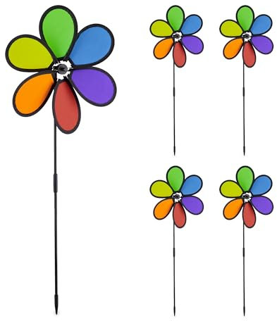Relaxdays Windrad Blume, 5er Set, Deko Gartenstecker für Balkon, Terrasse & Garten, HBT 66 x 27 x 7 cm, Regenbogen, bunt