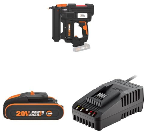 WORX WX844 NITRO 20V 18GA Akku-Tacker - 80 Klammern/min Schießen - kabelloser Tacker mit Air-Impact-Technologie - mit werkzeugfreier Verklemmungsauflösung - inkl. 2Ah Akku & Schnellladegerät