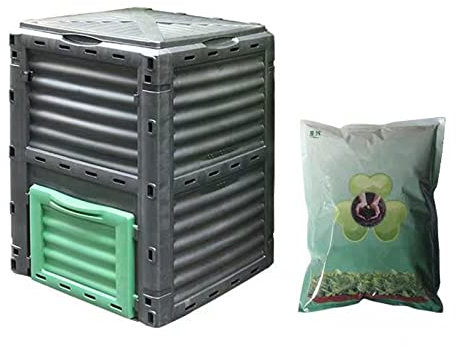Compostador Contenedor de compostaje de 300 l (80 galones) con Acelerador de Compost de 1 kg, Caja de compostaje Grande for Exteriores con Tapa abatible Superior y Puerta de Salida Inferior, Material