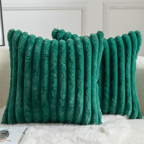 Mandioo 2er Set Kissenbezug gestreiftes Künstlich Pelz Superweich Kissen Flauschig Modern Kissenhülle Deko Sofa Wohnzimmer Schlafzimmer Kissenbezüge 40 x 40 cm Grün