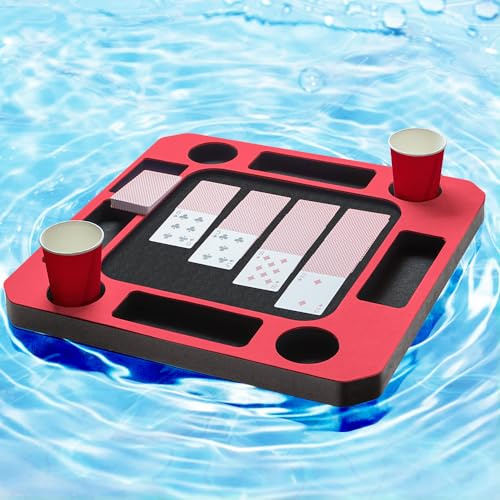 Floating Games Pool Table or Card Table Tray for Pool or Beach Party Float Lounge Durable Foam Drink Holders with Waterproof Playing Cards for Summer Party Indoor Outdoor Beach Pool (Red)