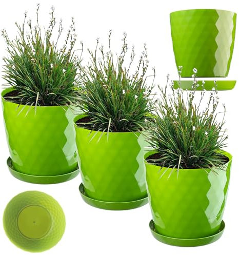KADAX Macetero de plástico con plato, maceta de material ligero, maceta decorativa para hierbas, maceta para flores, plantas, cactus y suculentas (juego de 3 – 30 cm, verde)
