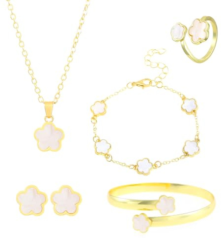 FDEETY Bijoux Femme Mode Bijoux Alliage avec Fleurs en Boucles d'Oreilles Collier Bracelet Bague Set Minimalistes Réglable Vacances Cadeau (Blanc)