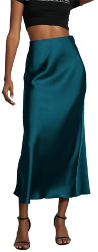 OLIPHEE Jupe Longue Femme Jupe Satin Taille Haute Elastique Robe Femme Robe Satin Ligne A Couleur Unie Casual Chic Élégante Soirée 1 Bleu S