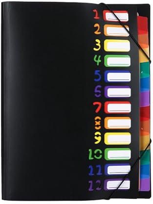 Zaphara Dokumentenmappe A4, Tragbar Fächermappe mit 12 Fächern, Erweitern Dateiordner A4 Briefgröße, PP Kunststoff Ordnungsmappe Pultordner mit Gummizug Für Klassenzimmer, Zuhause, Büro Und Reisen