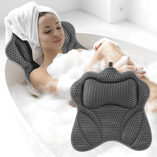 Badewannenkissen,Badekissen Für Badewanne,Kissen Badewanne 4D Mesh mit 6 Saugnäpfeln,Wird verwendet,um zu entspannen,um Nacken,Schultern,Kopf und Rücken zu unterstützen,für Heimspas(Grau)