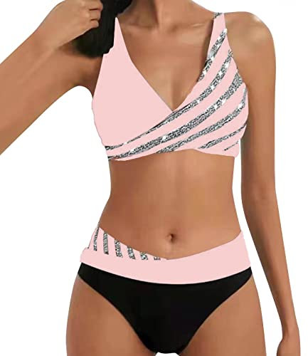 Allegorly Damen Bikini Set Triangel Breites Unterbrustband Bademode Zweiteiliger Badeanzug Wickeloptik Lace Up Bikini Bademode V Ausschnitt Blumenmuster Zweiteiliger Badeanzug Swimsuit (M)