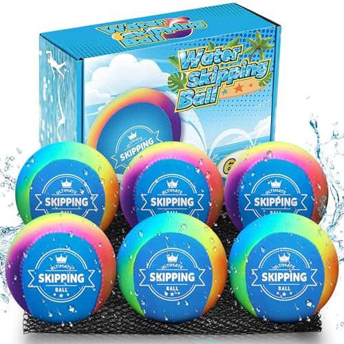 Korlon Tec 6 Pack Skipping Water Balls for Pool Play, Splash Colorful Skip Ball Water Bouncing Ball with Mesh Bag, Summer Fun Lake Pool Beach Toys for Kids Ages 4-8 8-12 and Adults