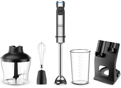 Grunkel - Batidora de Mano 1500W Acero Inoxidable y 4 Cuchillas Titanio, Vaso incluido y Opción de Accesorios con Varilla, Picadora y Soporte. Encaje Metálico y Base de Silicona (1500 W y Accesorios)