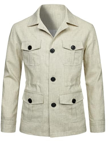 aromm Veste cargo en lin légère et respirante pour homme avec poches, beige, Large