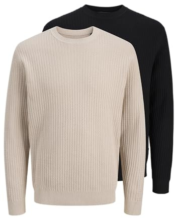 JACK & JONES herr Jprblubarkley stickad rund hals Mp, svart, XL (förpackning med 2), Svart, XL