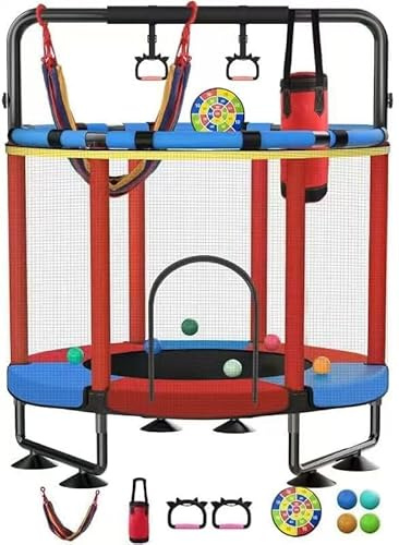 Trampoline for Kids, Upgrade Full Anti-Rust 440lbs Indoor Outdoor Toddler Trampoline with Net, 55 Adjustable Baby Toddler Trampolines Accessories Dart Board (D-Blue Red Red, 55in)