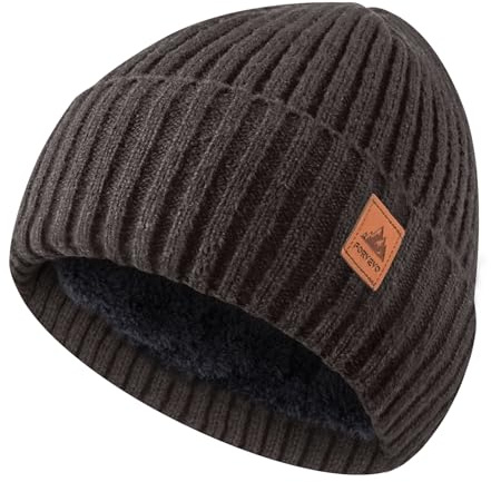 FORVEVO Beanie Hats for Men, Winter Hats with Thick Warm Fleece Lining, Thermal Knit Mens Beanie Hat for Winter Daily Life Outdoor Running Skiing, Brown