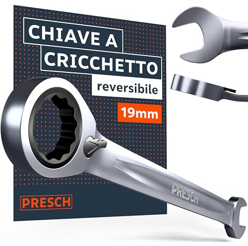 PRESCH Chiave a cricchetto 19mm reversibili – Angolo di ritorno minimo (4°, 90 denti) – Inclinazione di 15° per spazi ristretti – Chiave con cricchetto di precisione e robuste