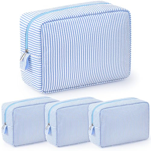 Sanwuta 3 Pcs Seersucker Makeup Bags Seersucker Cosmetic Bags Striped Women Large Travel Toiletry Organizer Preppy Storage Pouch for Embroidery Wedding Bridesmaid Gifts(Light Blue)