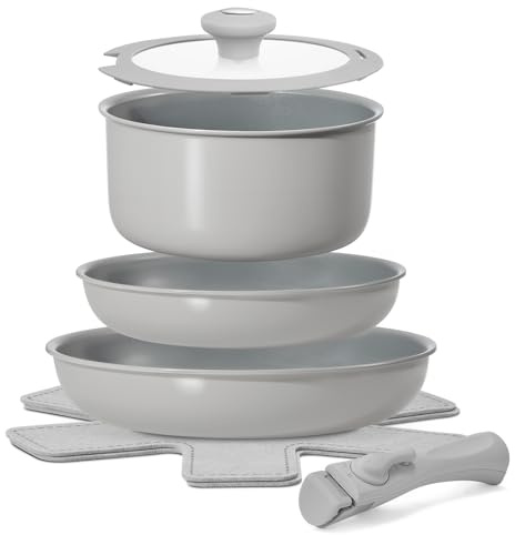 BLAZANT 7 Pièces Casseroles et Poêles, Batterie de Cuisine Induction, Revêtement Céramique Antiadhésif, Fond amélioré, Chauffe uniforme, Poignées Amovibles pour Camping, sans PTFE, sans PFOA