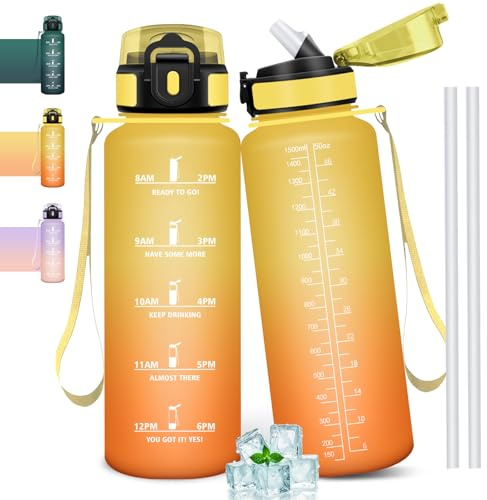 Mulbijeo 1.5L Borraccia Acqua, Borraccia Motivazionale con Cannuccia, Water Bottle, A Prova di Perdita, Bottiglia Acqua per Scuola, Palestra, Campeggio, Ciclismo, Yoga