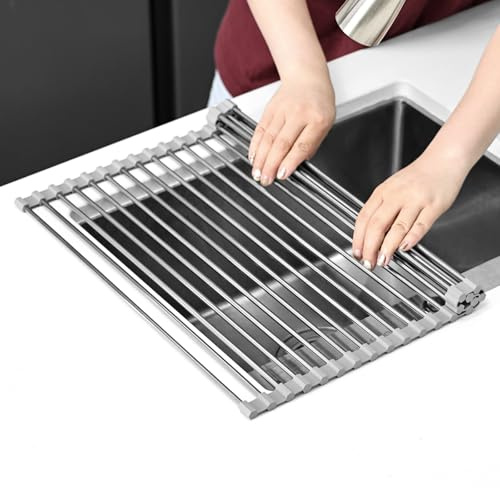 KitchenRaku Scolapiatti da Appoggio 43x35cm | Tappetino Pieghevole per il Lavandino in Cucina | Acciaio Inox 304 / Silicone | Scolapiatti per il Lavello della Cucina (Grigio Chiaro)