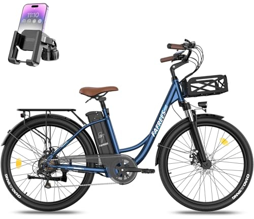 Fafrees Bici Elettrica da Città 26 da 36V25Ah Batteria Rimovibile Bicicletta Elettrica Autonomia di 95-120km, Motore 250W,E-Bike con Cestino Anteriore,Cambio 7S,Display LCD, Blu,Supporto per Telefono