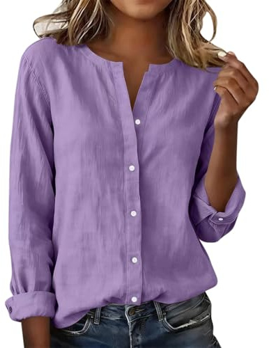 Onsoyours Camicia Donna Estiva Elegante Blusa Cotone Lino Manica Lunga Camicette Donna con Bottoni da Spiaggia A Viola M