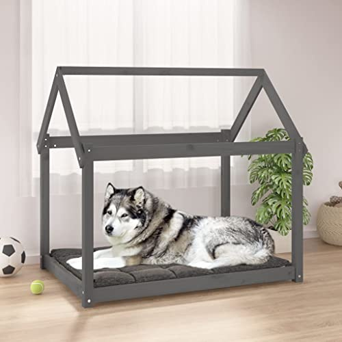 Drillkyn Hundsäng grå 111 x 80 x 100 cm massivt trä furu bekväm liggplats för valp senior med ortopedisk madrass och halkfritt överdrag för vardagsrum sovrum resa