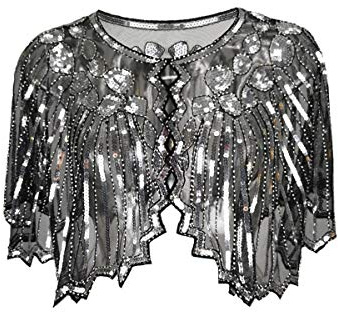 Grouptap 1920s silver black shawl gatsby bolero sequin cape shrug wrap for women ladies flapper art deco vintage dress costume (Silver, One Size)