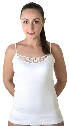 Pacco da 3 Canotta Donna Cotone 100%,Canottiera Donna Spalla Stretta Cotone,Canotte Intime Donna Bordo Liscio in Raso o Pizzo macramé, Top Donna Estivo Cotone, Corpetto Donna Intimo (Pizzo/Bianco,N)